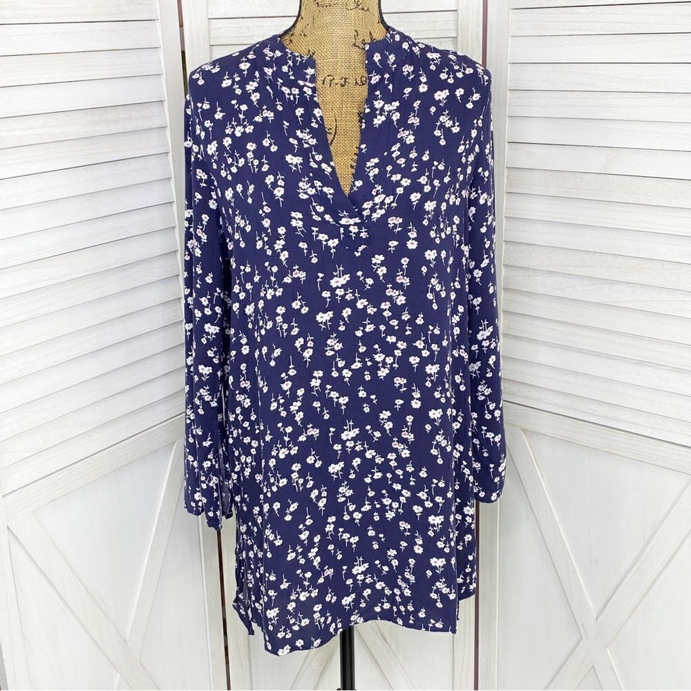 In‎ Bloom Floral Bell Sleeve Tunic Shirt Dress Blue White Small